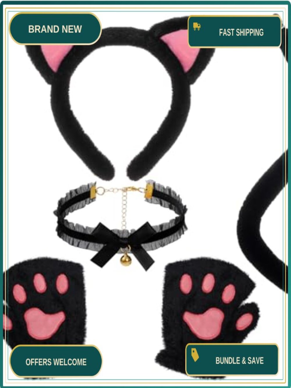 Cat Costume Set Ears Headband Tail Necklace Paw Gloves Girls Halloween